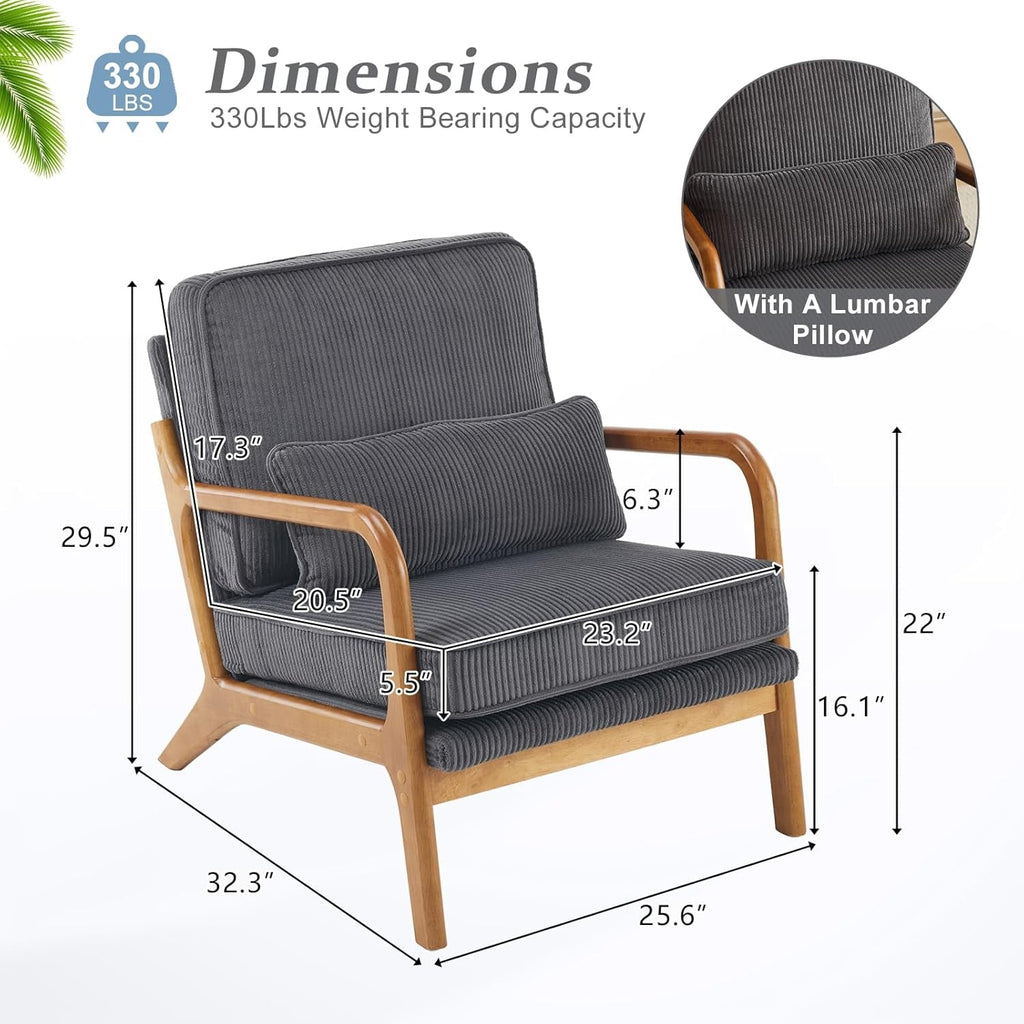 Dark grey corduroy upholstered accent chair with solid wood frame and dedicated lumbar support pillow — view 2