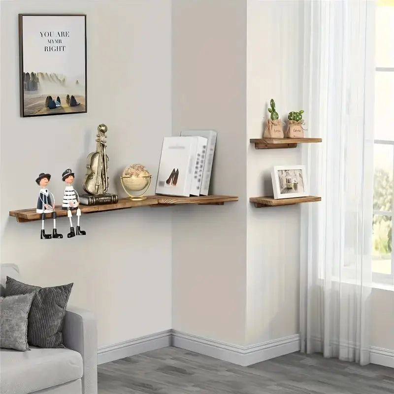 Rustic wooden wall-mounted corner shelf set displaying small potted plants and books — view 4