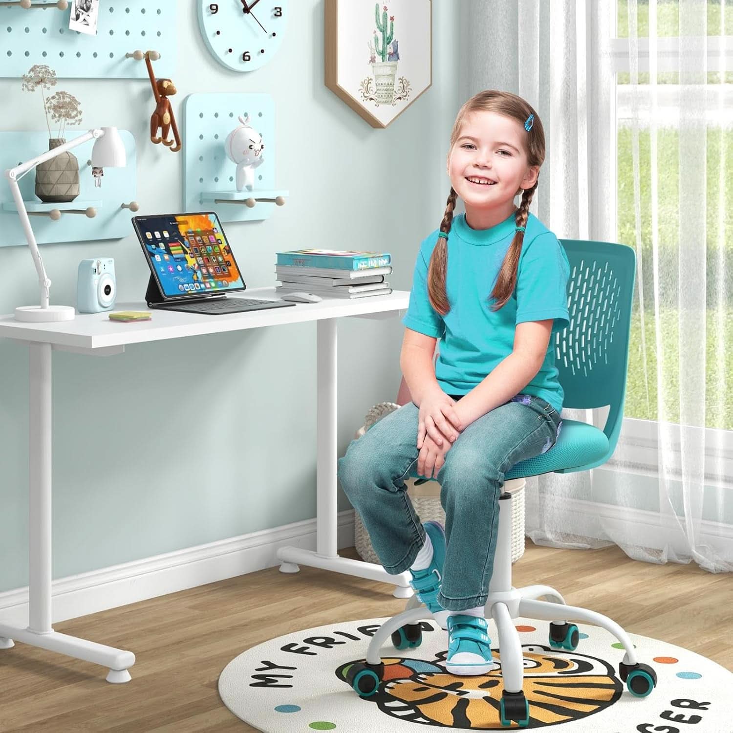 Turquoise kids desk chair with ergonomic lumbar support armless design and five swivel wheels — view 2