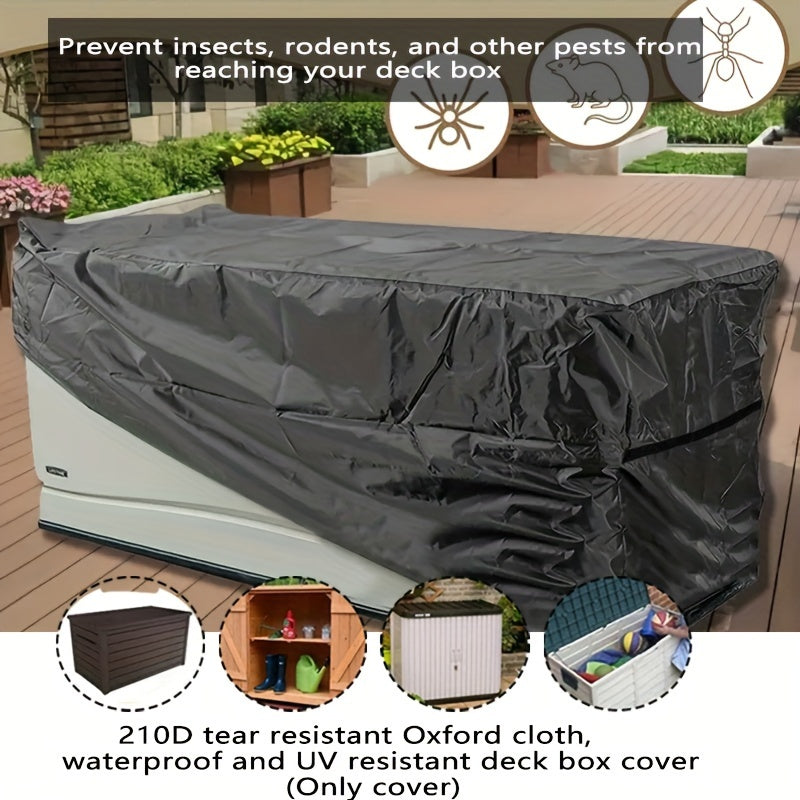 Black deck box cover made of waterproof 210D fabric protecting a rectangular outdoor patio storage unit — view 3