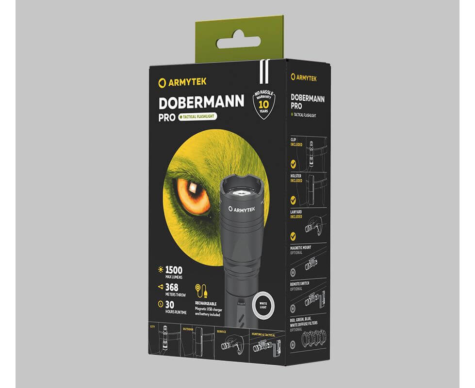 Armytek Dobermann Pro tactical flashlight in black aluminum with magnetic USB charger and battery — view 4