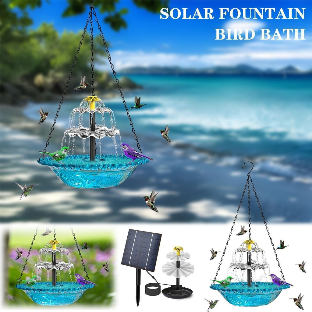 Solar hanging bird bath fountain with rust-resistant chains, flowing water, and spacious bowl for wild birds — view 3