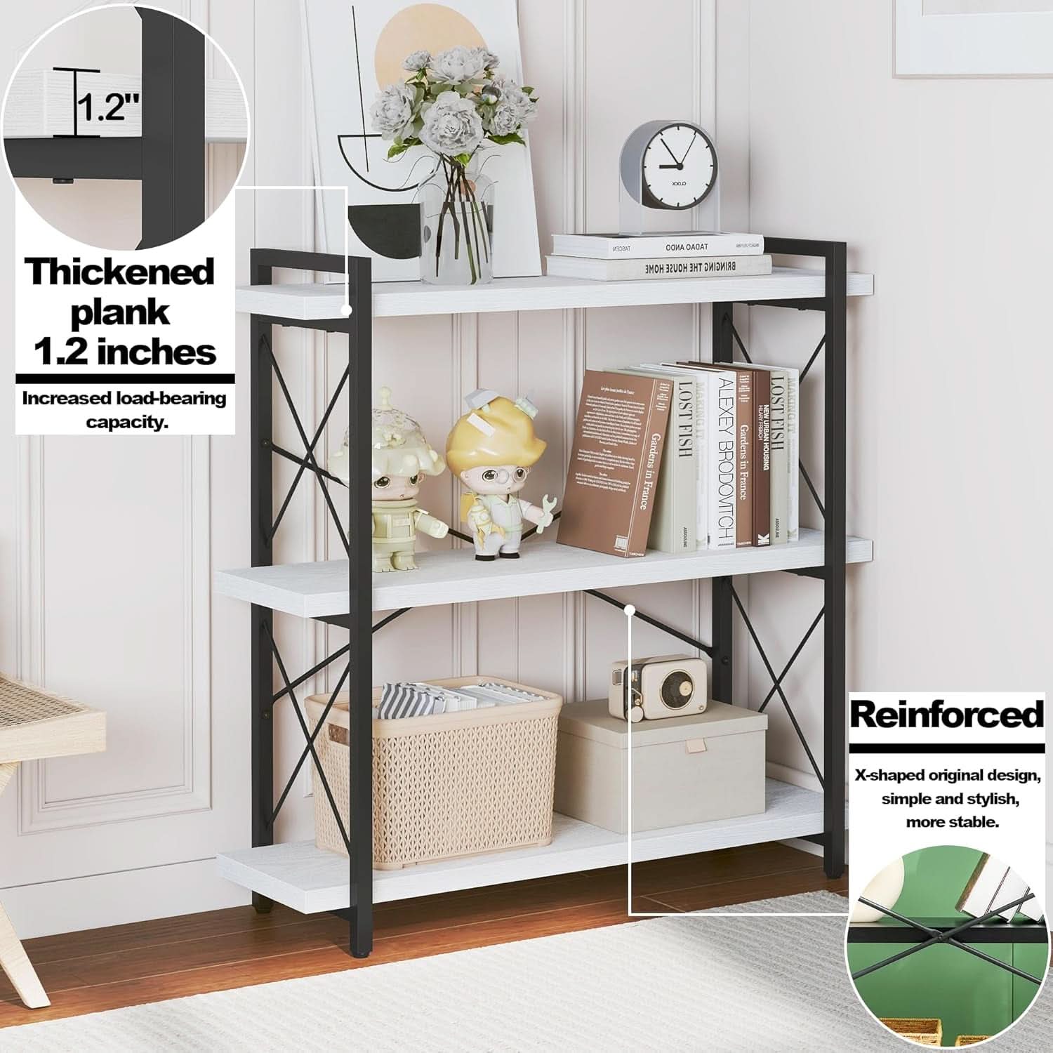 Three tier industrial open bookcase with black metal frame and white wooden shelves — view 4