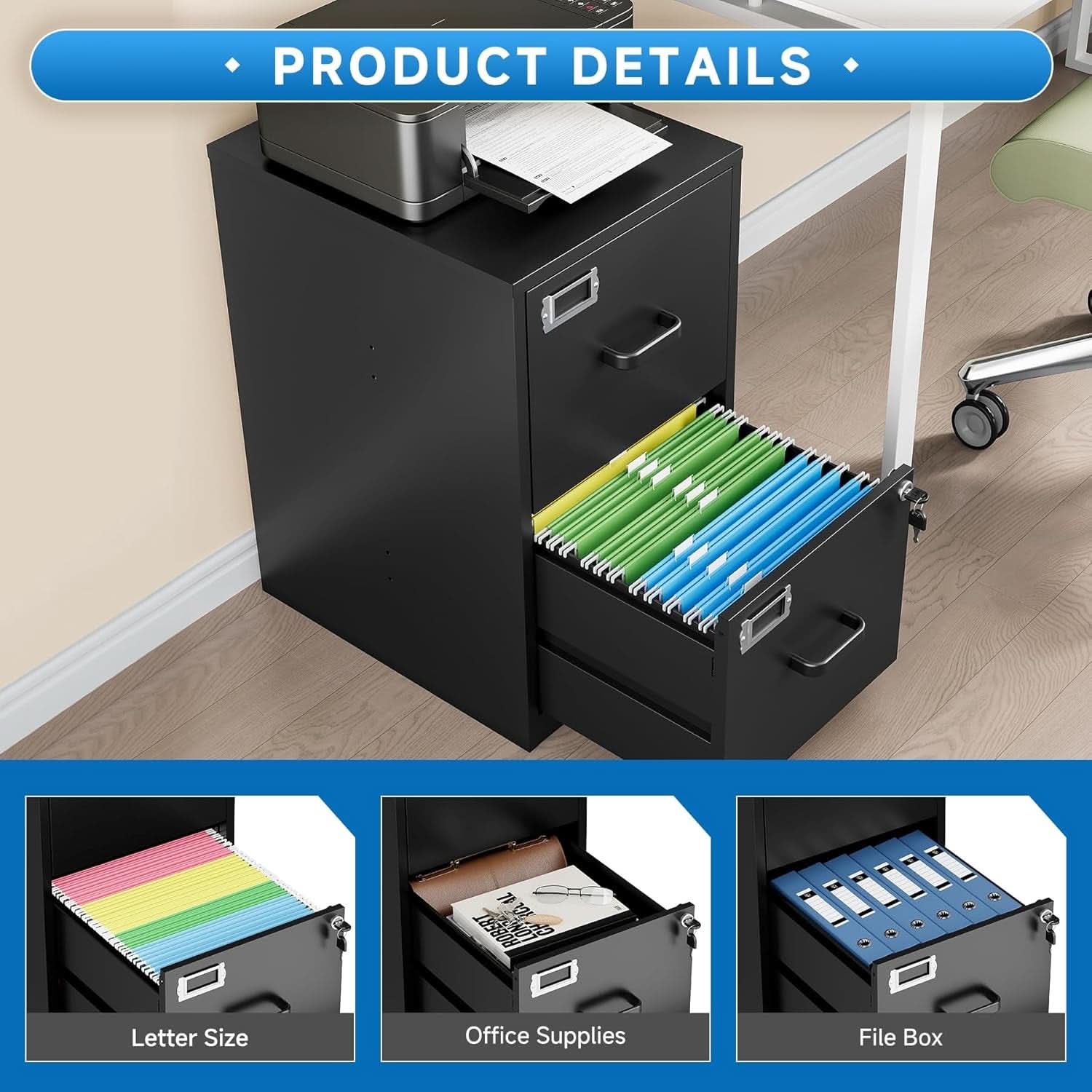 Two drawer steel vertical locking file cabinet for secure letter size office document storage — view 5