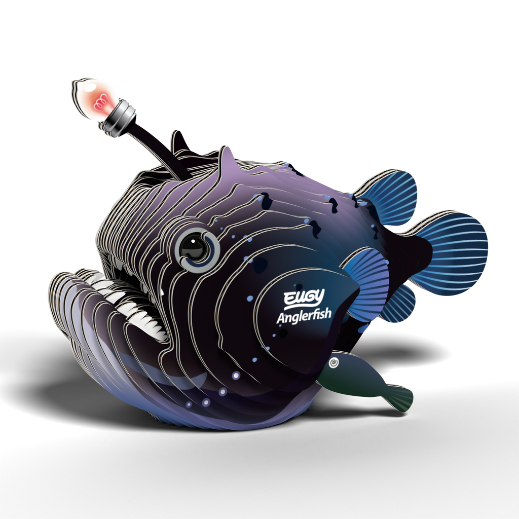Completed eco-friendly EUGY Anglerfish 3D cardboard puzzle with bioluminescent lure and tiny parasitic male companion. — view 3