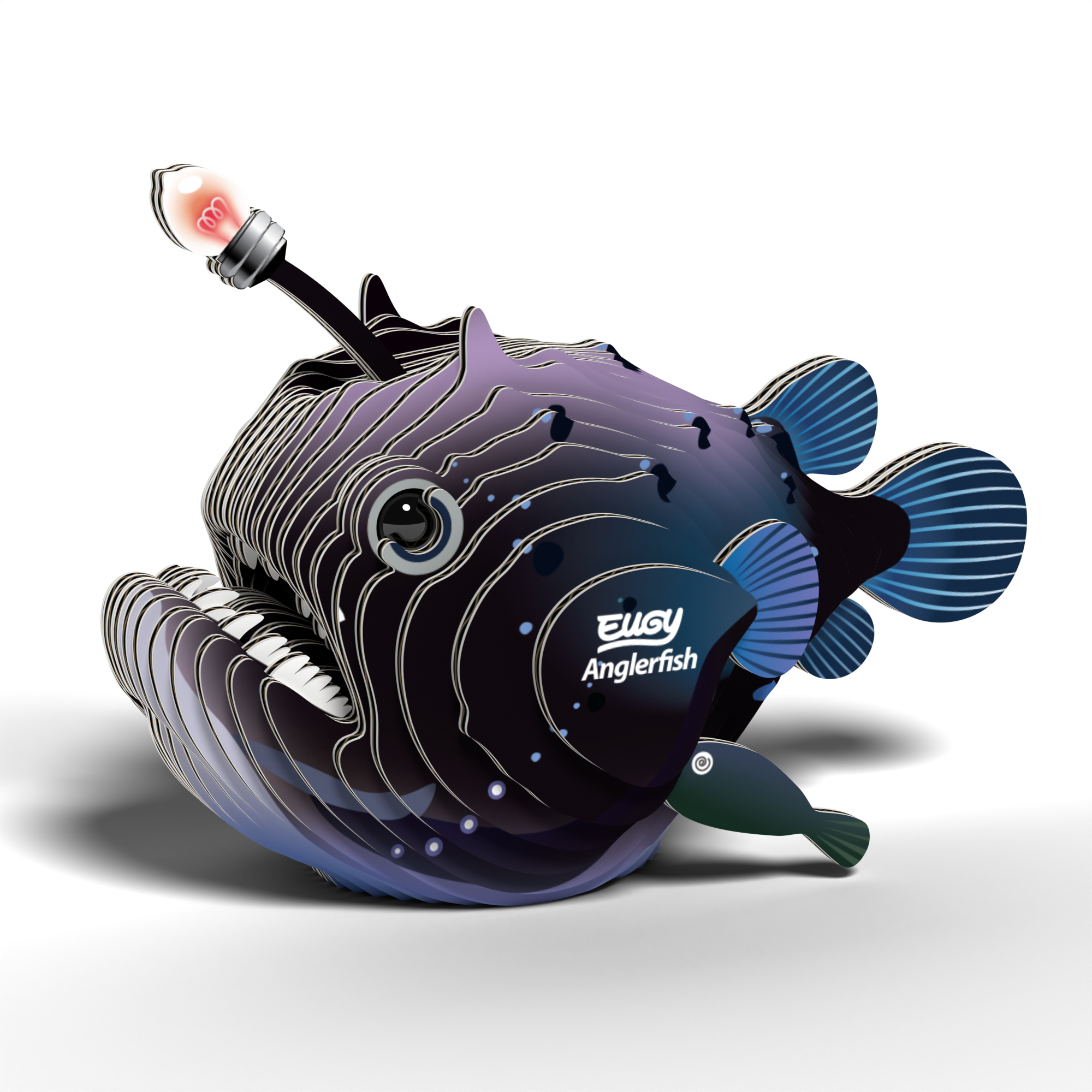 Completed eco-friendly EUGY Anglerfish 3D cardboard puzzle with bioluminescent lure and tiny parasitic male companion. — view 3