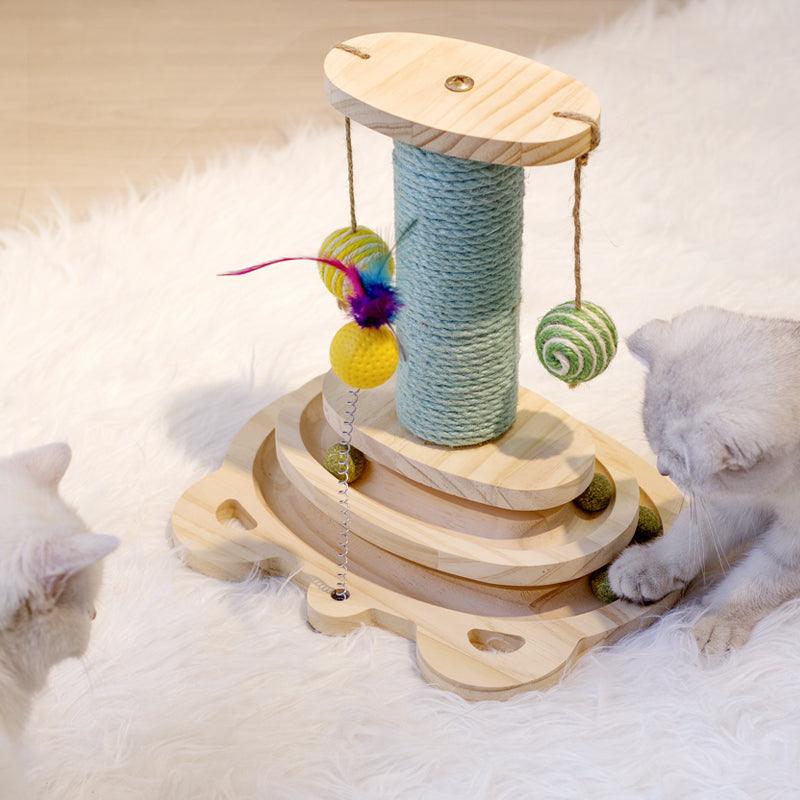 Interactive wooden cat scratcher maze toy with solid wood balls and turntable design — view 5