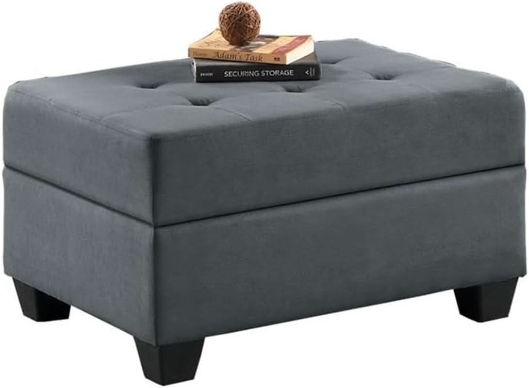 Dark gray microfiber storage ottoman with tufted top and faux wood feet — view 4
