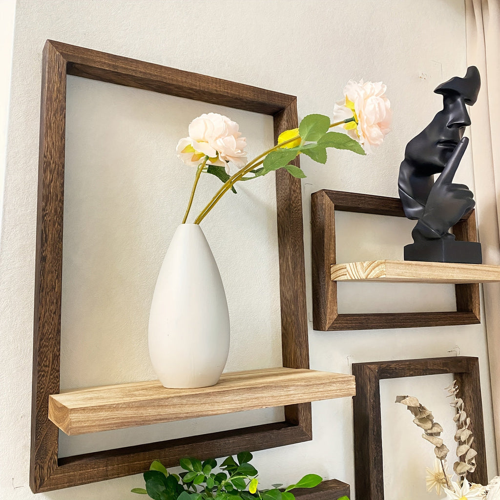 Four piece brown wooden floating wall shelf set displaying small decor items and plant pots — view 4