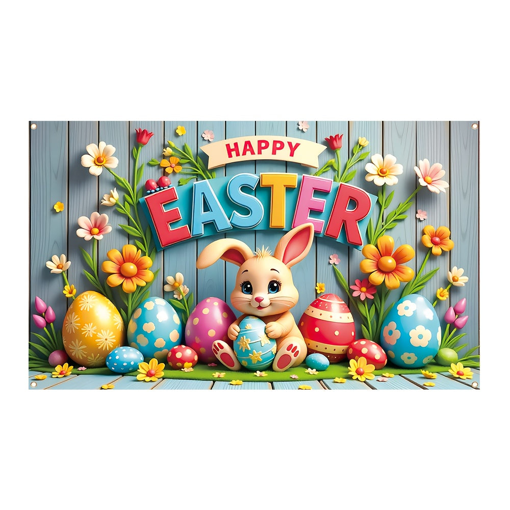 Large colorful polyester Easter bunny and eggs decorative banner for indoor and outdoor spring celebrations