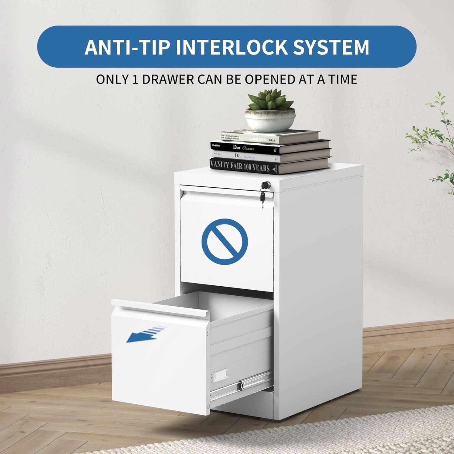 White 2-drawer metal vertical file cabinet with secure lock for home office document storage — view 4