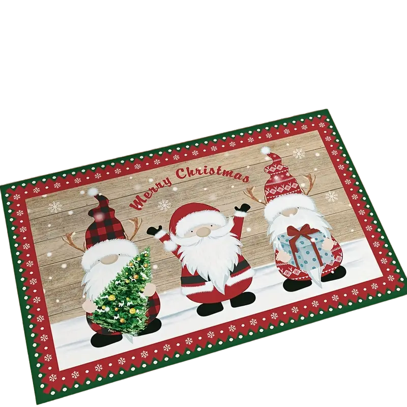Festive red and green polka dot Merry Christmas kitchen rug featuring a Santa Claus design