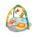 Colorful baby play mat with soft cushioning and overhead arches featuring hanging sensory toys