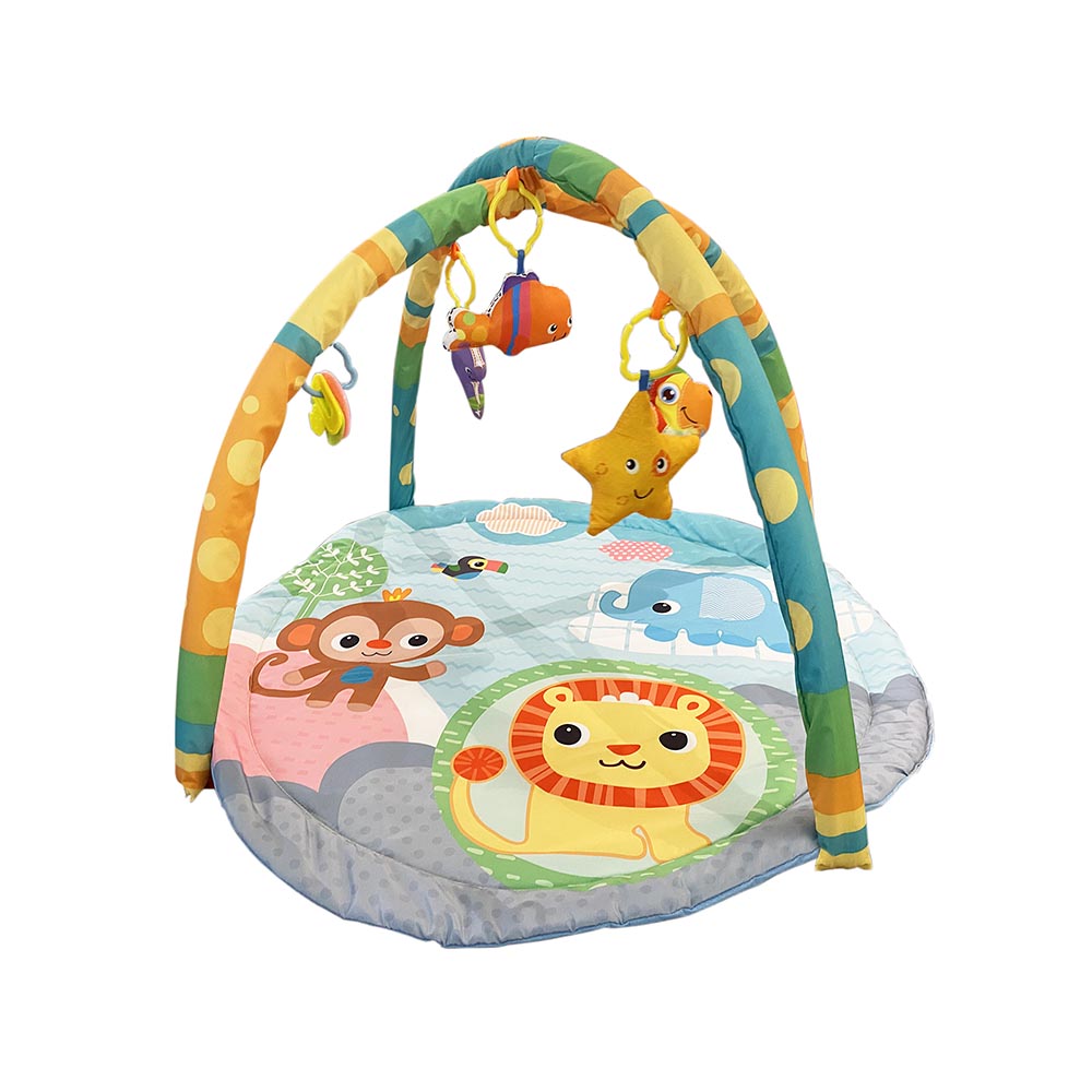Colorful baby play mat with soft cushioning and overhead arches featuring hanging sensory toys