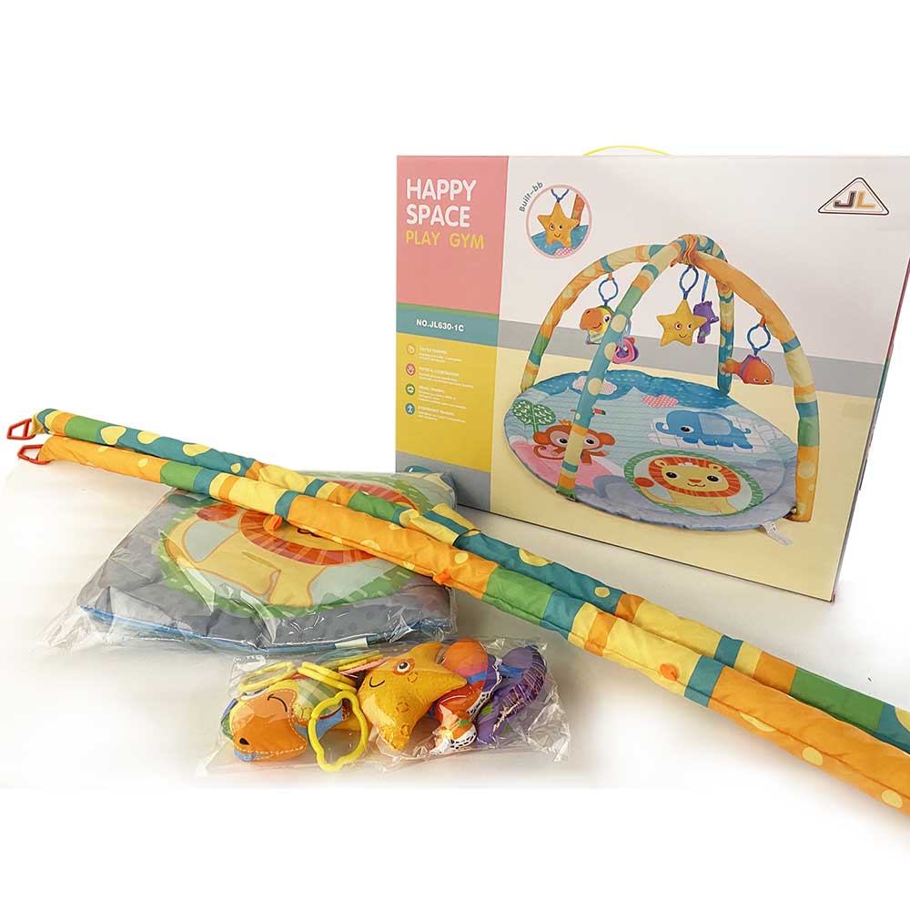 Colorful baby play mat with soft cushioning and overhead arches featuring hanging sensory toys — view 3