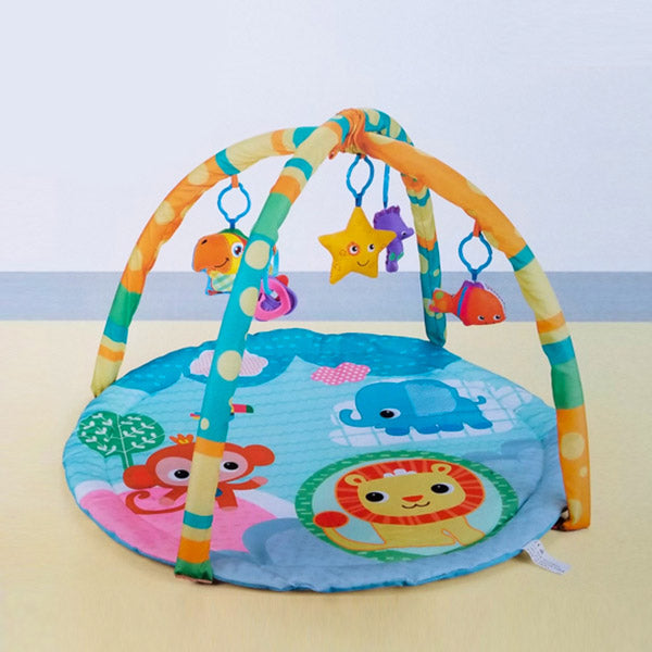 Colorful baby play mat with soft cushioning and overhead arches featuring hanging sensory toys — view 2