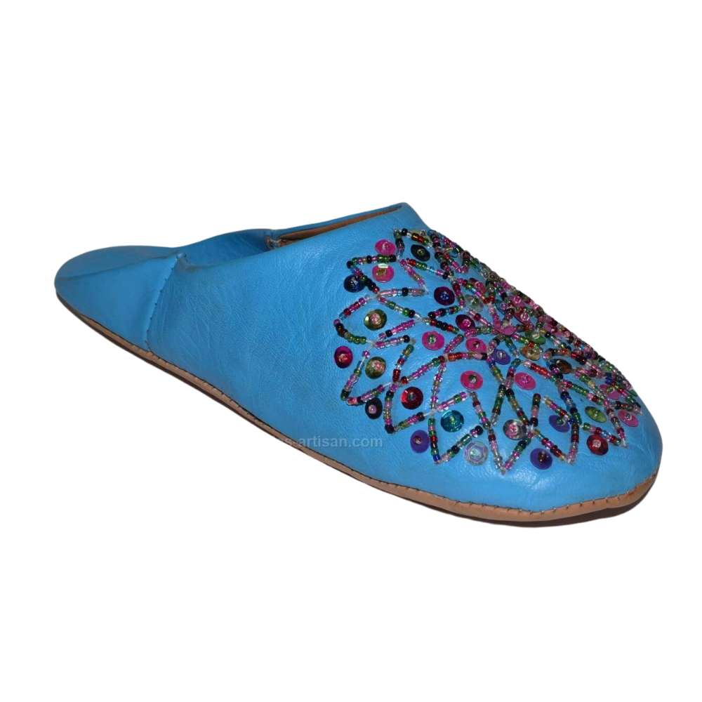 Handcrafted Moroccan women's leather slippers with sequin embellishments and a crafted middle flower detail — view 2