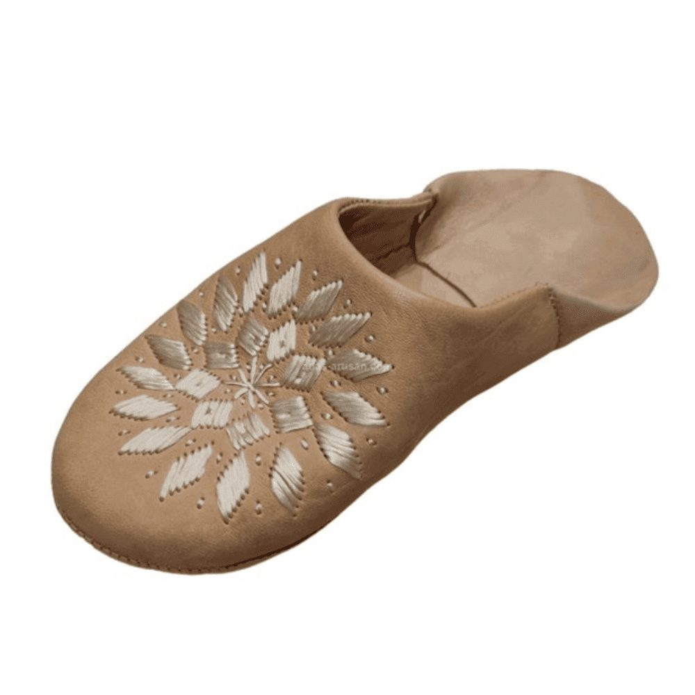 Handcrafted Moroccan leather souk slippers with decorative floral embroidery and soft flexible soles — view 2