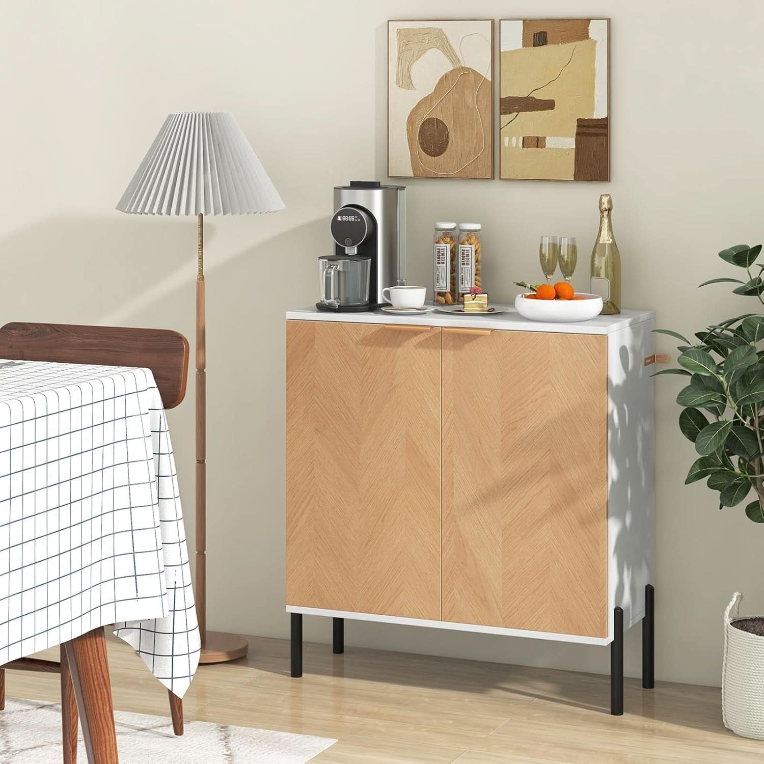 Modern two-door buffet cabinet in white and natural wood finish with sturdy metal base — view 4