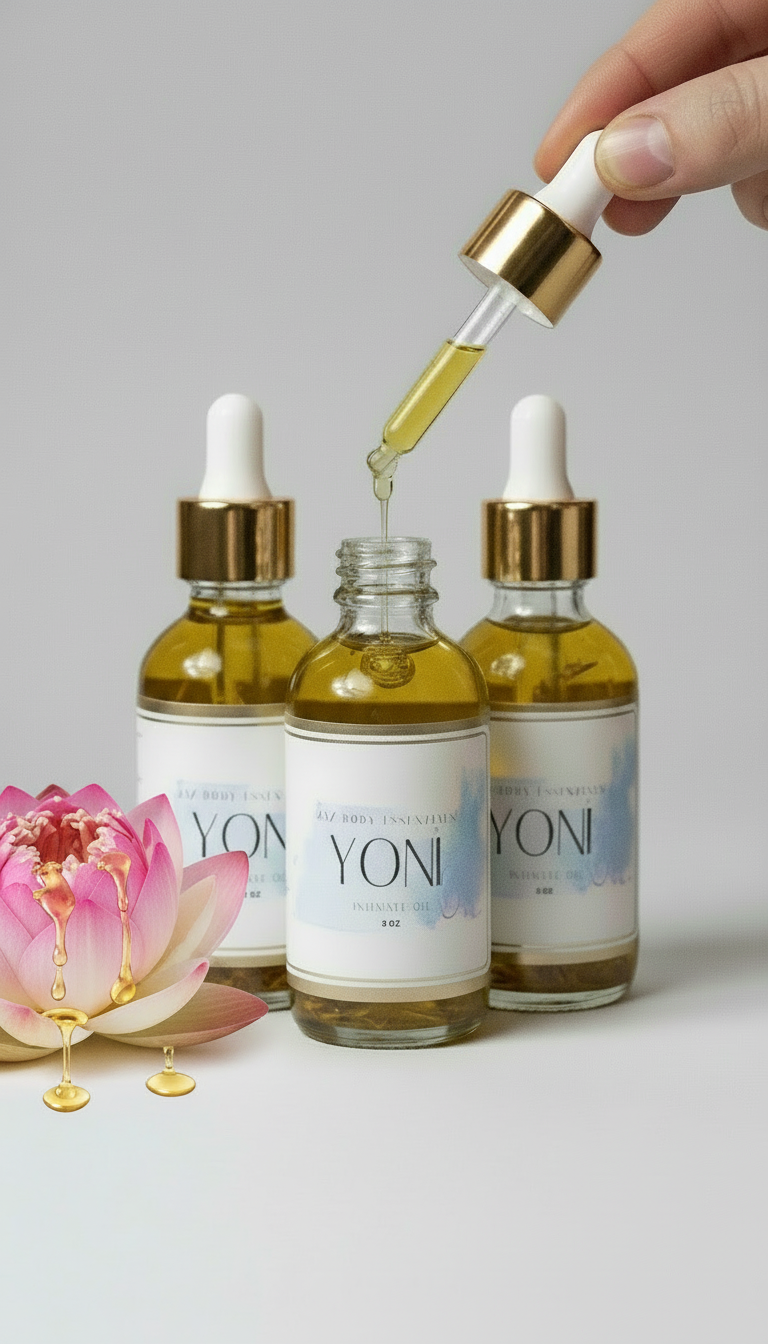 Glass bottle of Lotus Yoni Oil with an infused amethyst crystal and golden botanical blend — view 3