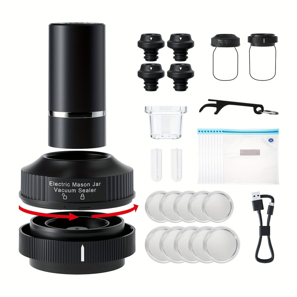 Black wireless mason jar vacuum sealer kit with USB charging cable and wine stoppers — view 2