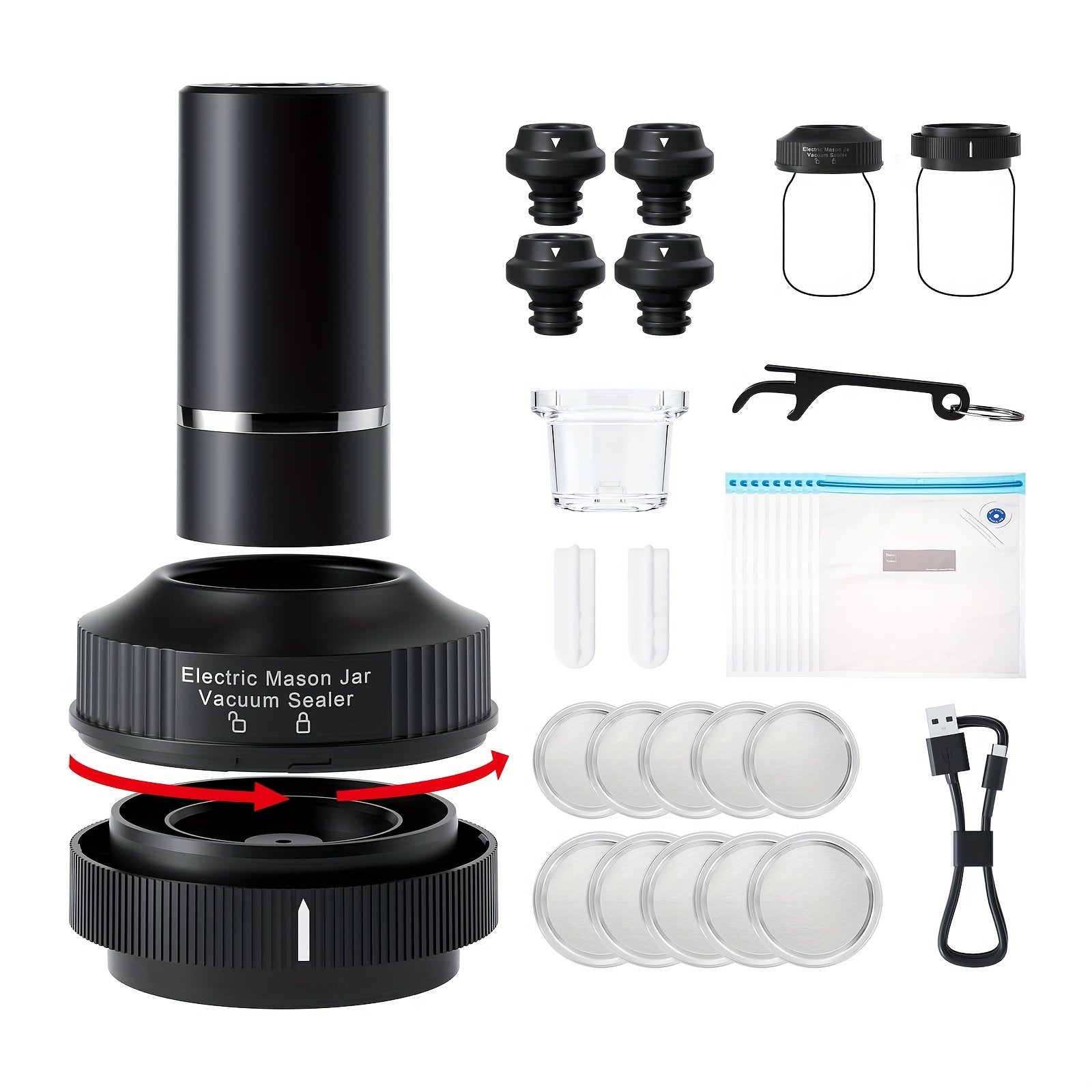 Black wireless mason jar vacuum sealer kit with USB charging cable and wine stoppers — view 2
