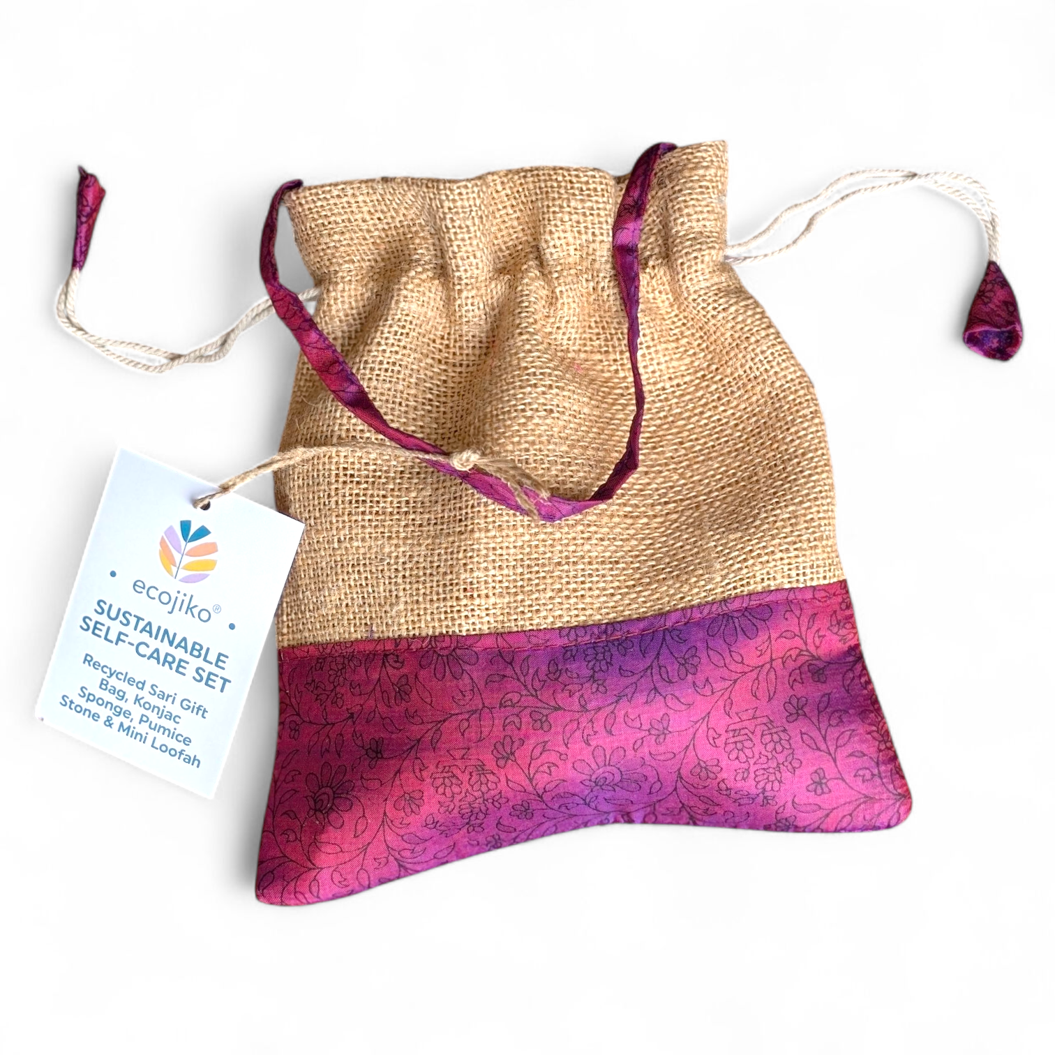 Sustainable self care beauty gift set with pumice stone, konjac sponge, loofah, and upcycled bag — view 2