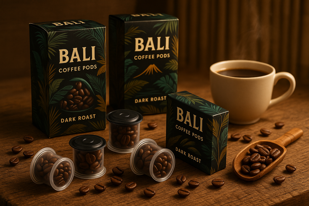 Single serve Bali coffee pods featuring dark chocolate and molasses notes for standard brewers