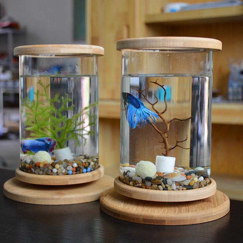 Mini glass cylindrical fish tank with a natural spliced bamboo base on a table