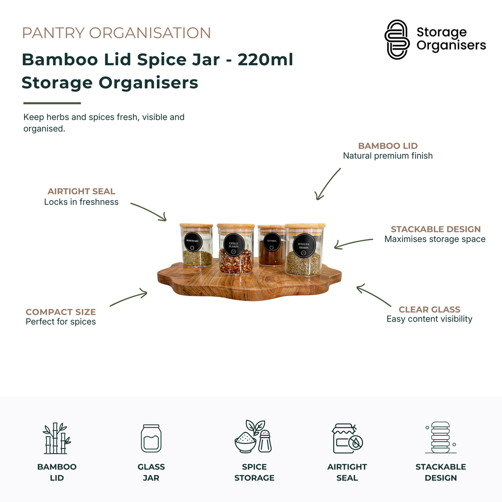Clear glass 220ml spice jar with natural bamboo lid and silicone seal for pantry storage — view 5