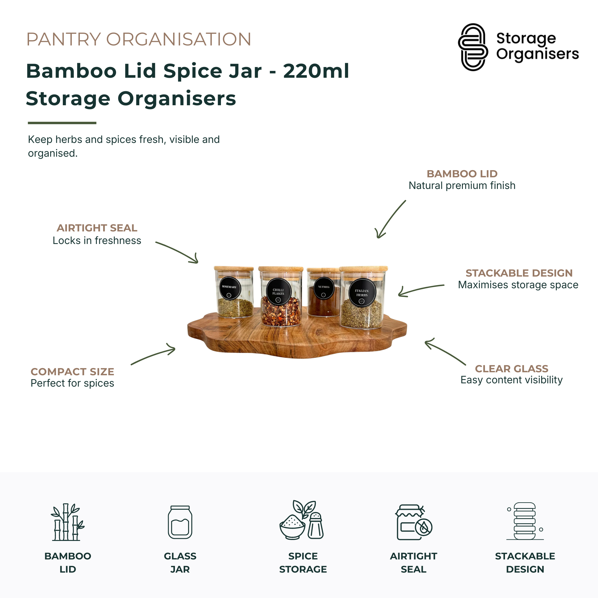 Clear glass 220ml spice jar with natural bamboo lid and silicone seal for pantry storage — view 5