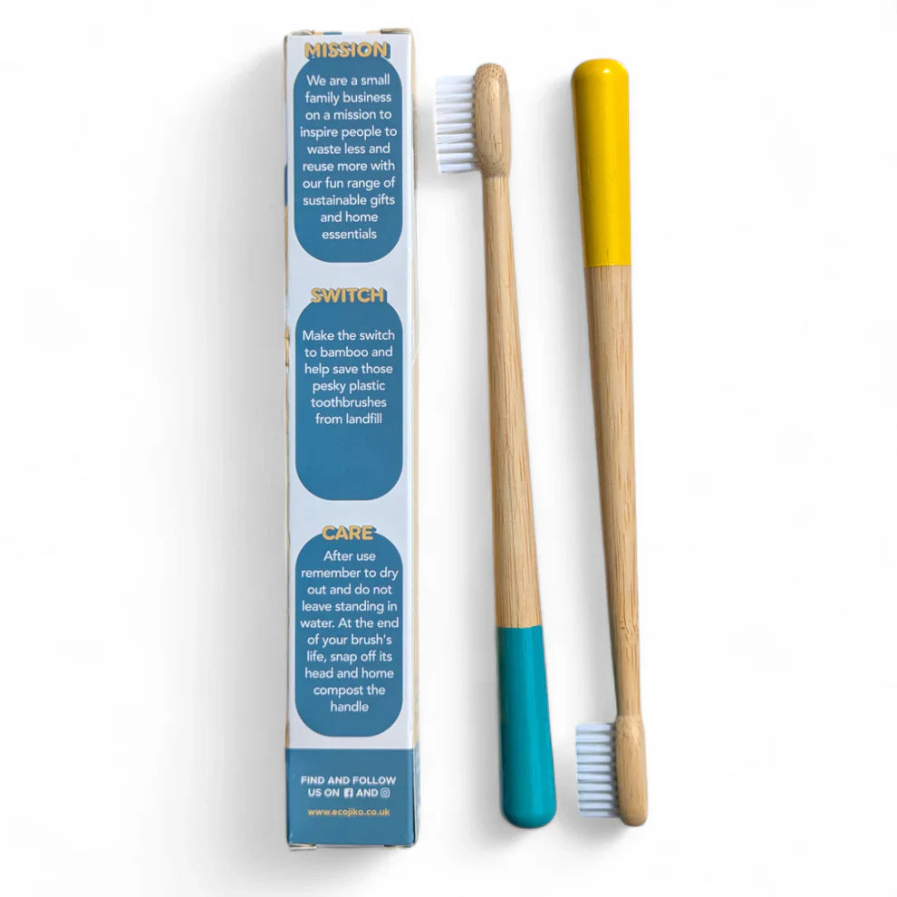 Sustainable bamboo toothbrushes with medium bristles, featuring yellow and turquoise painted tips — view 2