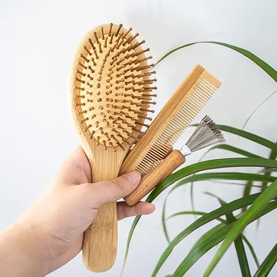 Bamboo hair brush set with comb cleaner and reusable travel bag for natural hair care styling — view 2