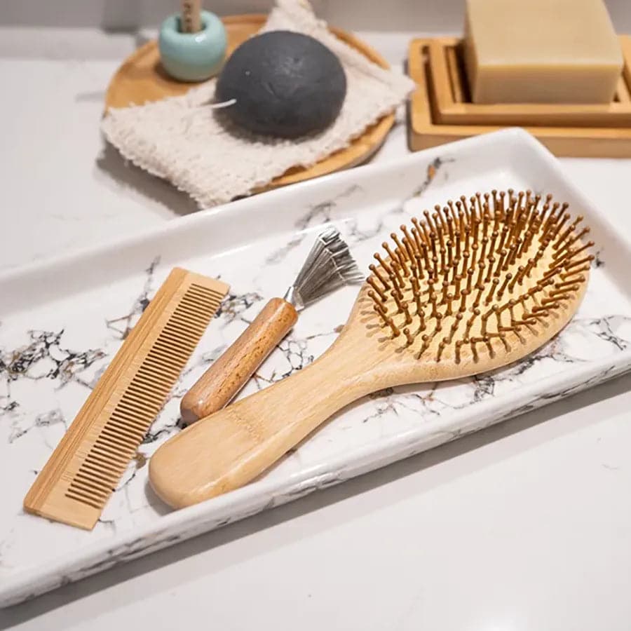 Bamboo hair brush set with comb cleaner and reusable travel bag for natural hair care styling — view 5