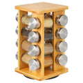 Bamboo spice rack with 16 clear glass storage jars on a rotating wooden kitchen carousel.