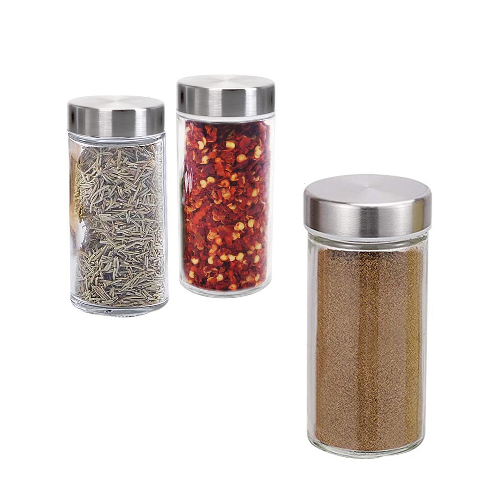 Bamboo spice rack with 16 clear glass storage jars on a rotating wooden kitchen carousel. — view 3