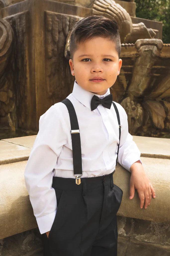 Wyatt kids barn wedding 4-piece set with white shirt, sand suspenders, bow tie, and trousers — view 2