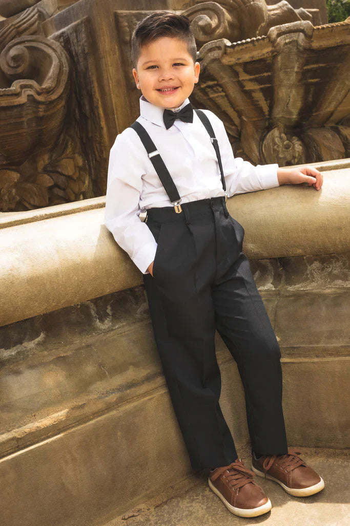 Wyatt kids barn wedding 4-piece set with white shirt, sand suspenders, bow tie, and trousers