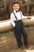 Wyatt kids barn wedding 4-piece set with white shirt, sand suspenders, bow tie, and trousers