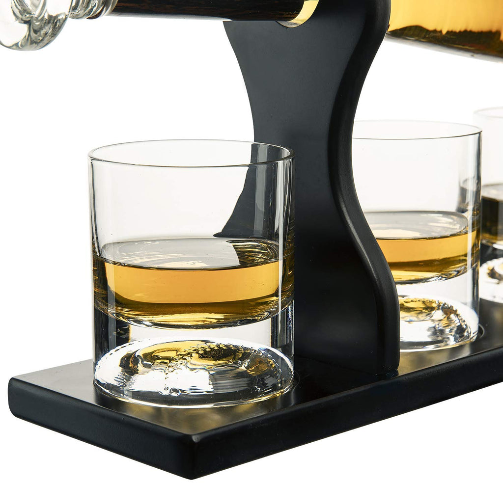 Baseball bat whiskey decanter set with four themed glasses on a rich mahogany wood holder — view 5