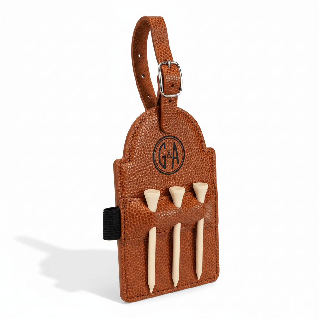 Basketball themed leatherette golf bag tag with three wooden tees on a solid background