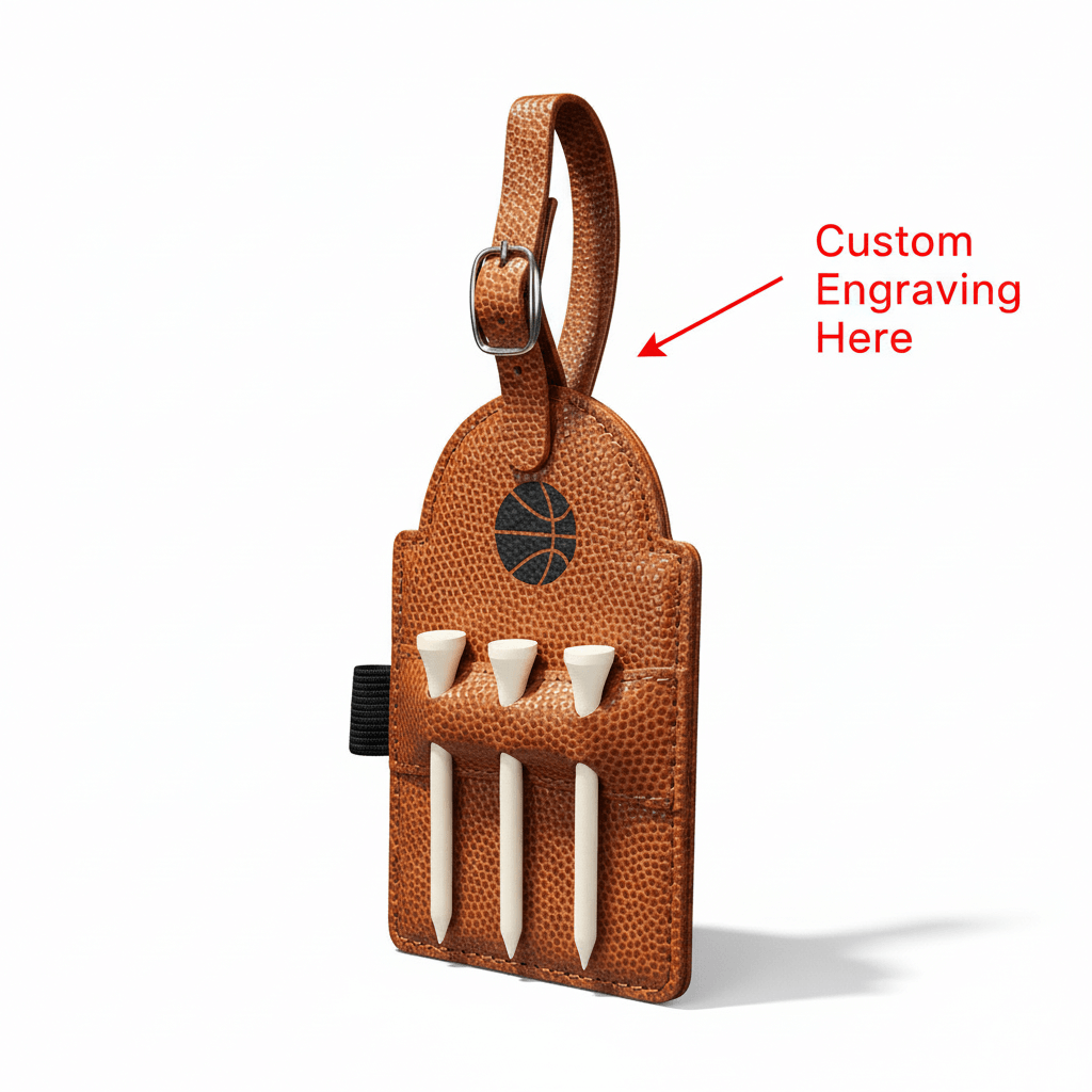 Basketball themed leatherette golf bag tag with three wooden tees on a solid background — view 2