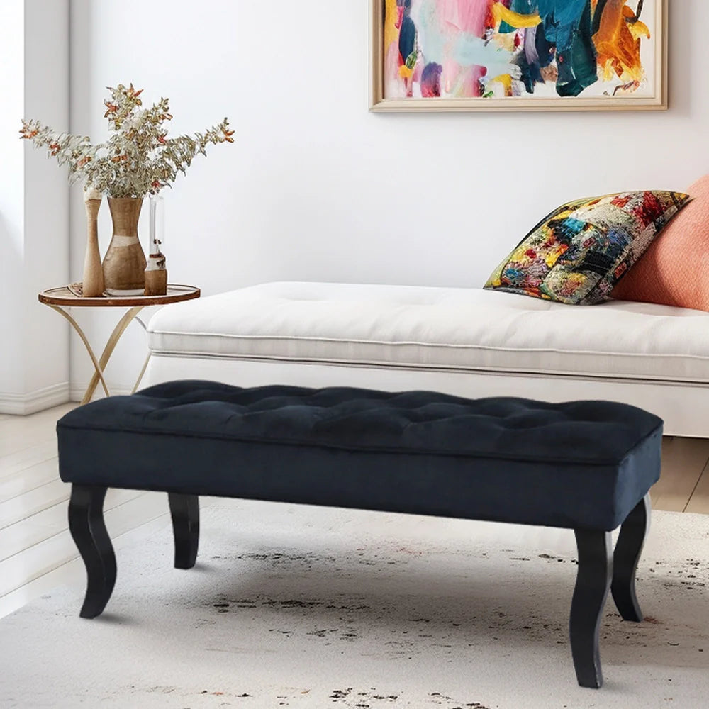 Navy blue Dutch velvet rectangle ottoman bench with sturdy wooden legs and plush comfortable cushioning — view 3
