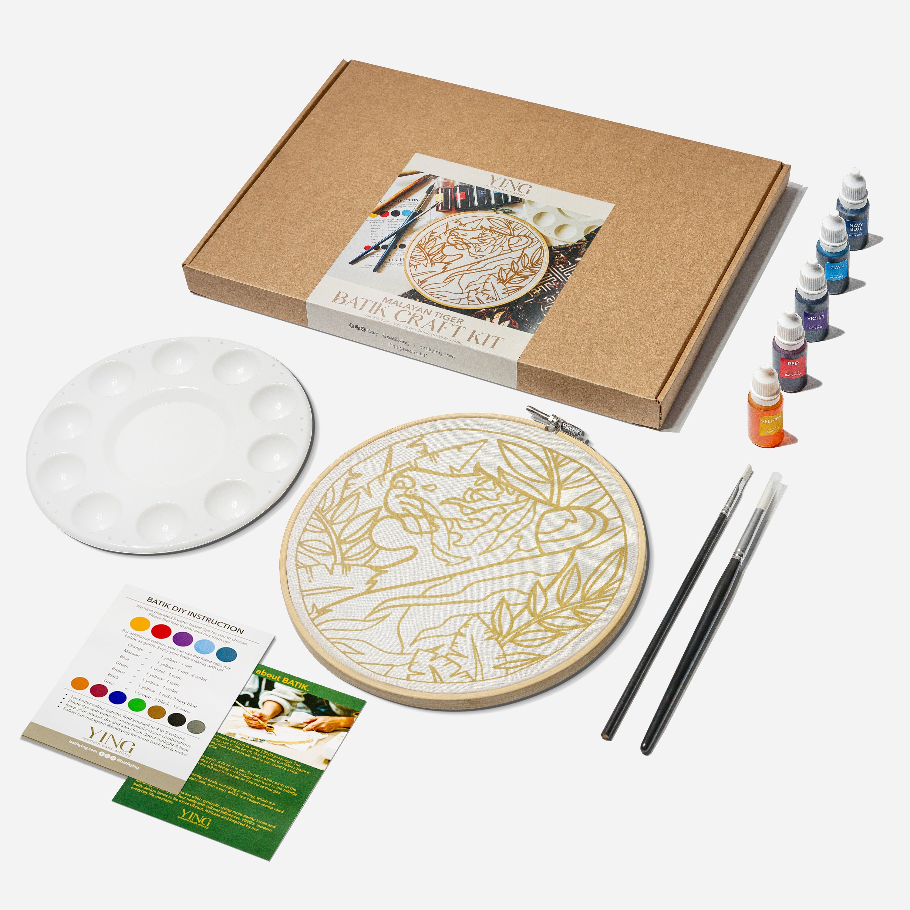 Malayan tiger DIY batik craft kit mounted on a bamboo ring with painting supplies — view 4