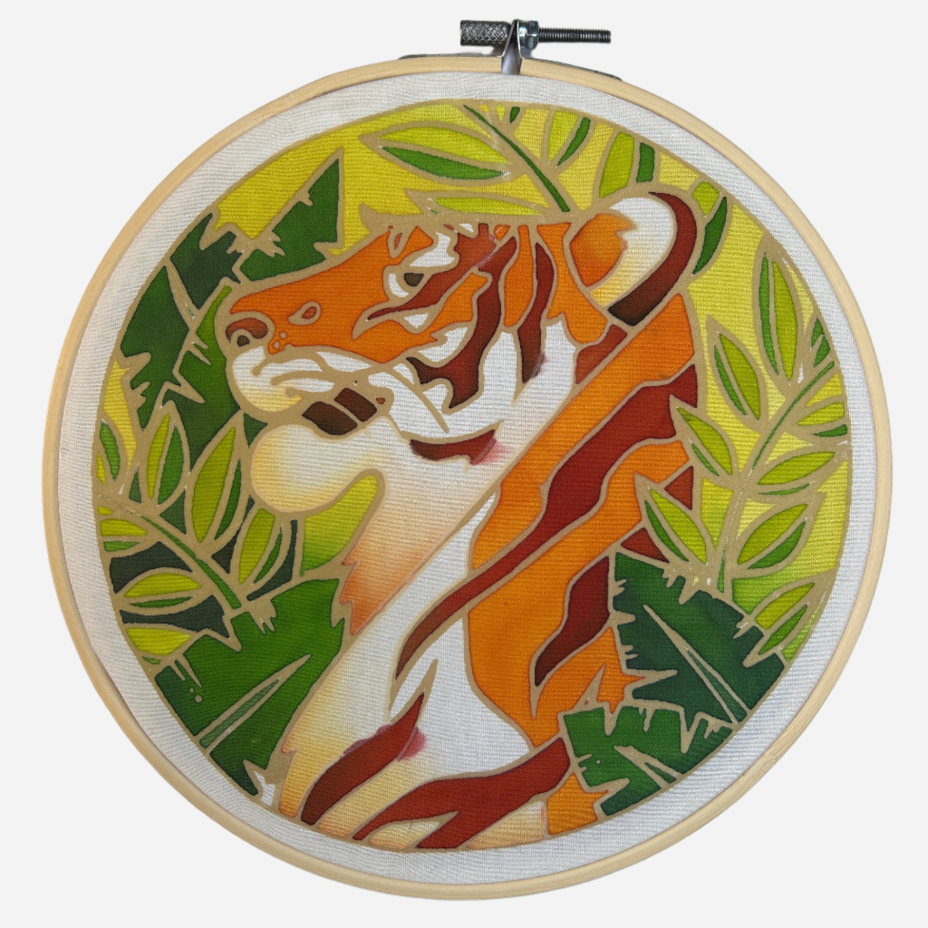 Malayan tiger DIY batik craft kit mounted on a bamboo ring with painting supplies — view 3