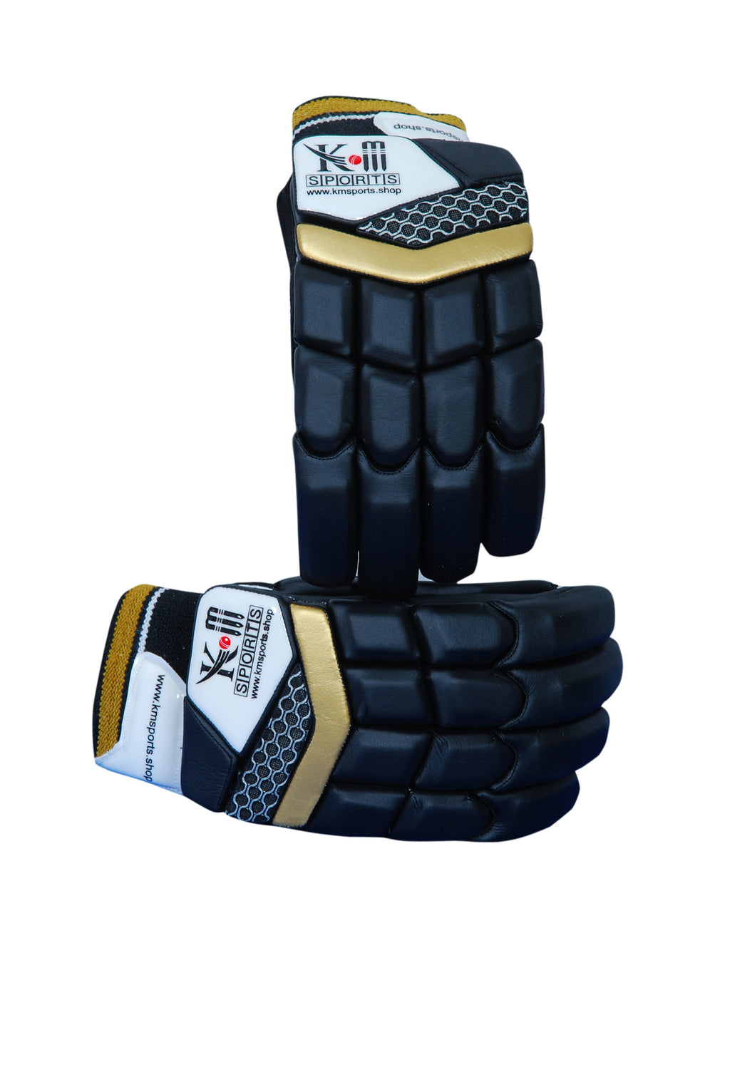 White and black premium cricket batting gloves with leather palm and ventilation panels for adult players — view 3
