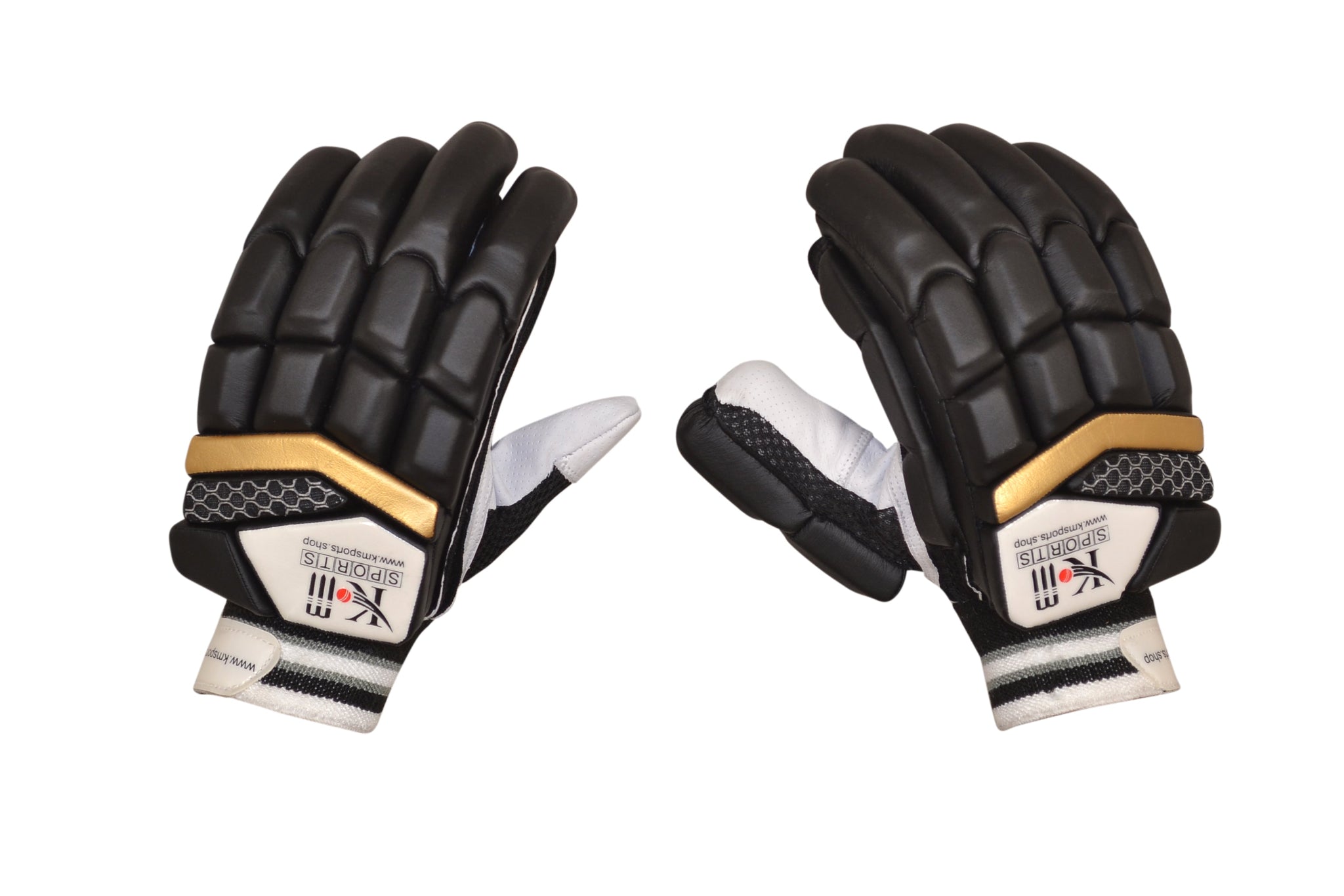 White and black premium cricket batting gloves with leather palm and ventilation panels for adult players