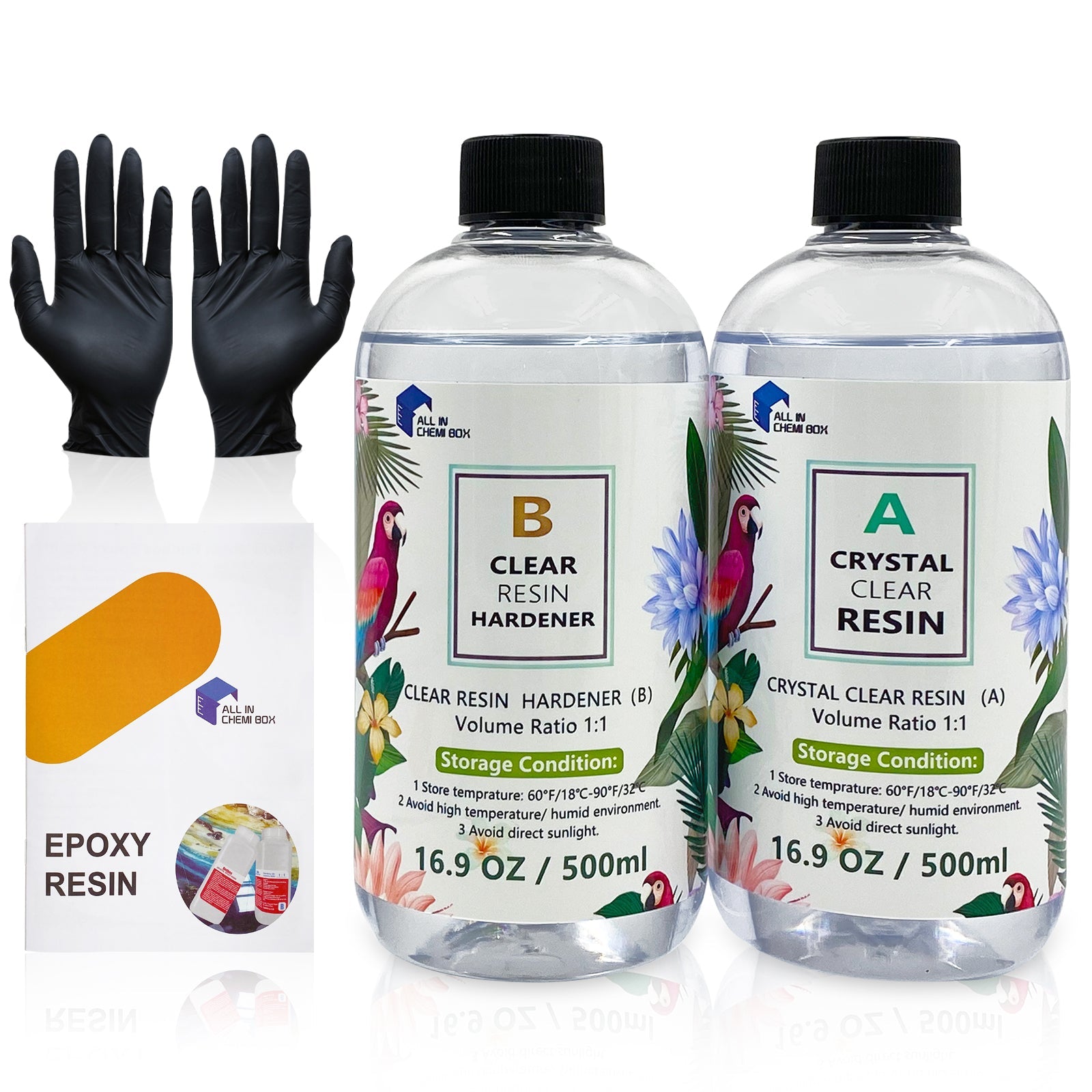 Crystal clear epoxy resin casting kit bottles with protective gloves and silicone craft molds