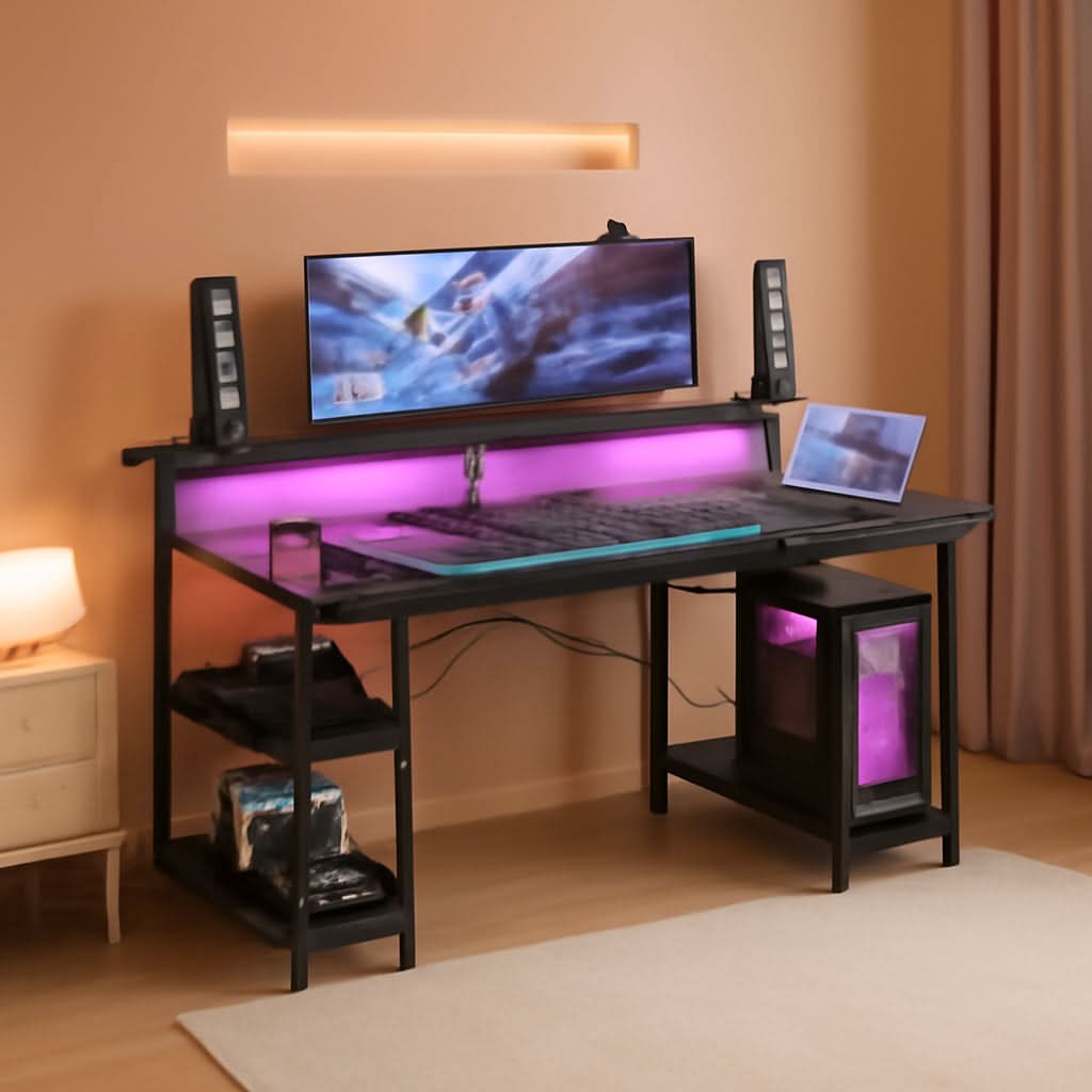Sleek 48-inch black LED gaming desk with dual monitor stand, shelves, and built-in USB ports