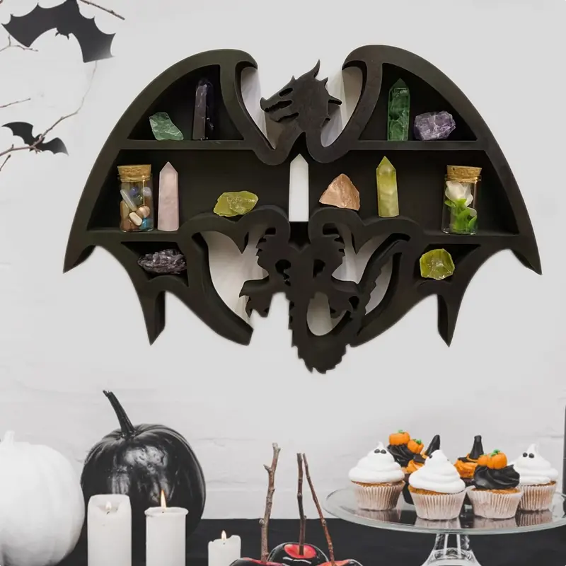 Handcrafted wooden dragon shaped crystal wall display shelf with natural wood grain finish — view 4